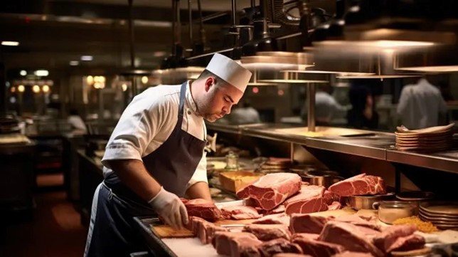 Foto de uma cozinha de restaurante movimentada, com foco onde um chef está manuseando diferentes cortes de carne que entrarão em controle de estoque.