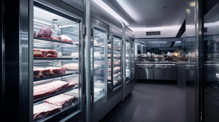 Foto de geladeira de carnes bem iluminada com luz clara dentro de uma cozinha branca e minimalista de uma churrascaria representando como armazenar carne na geladeira.