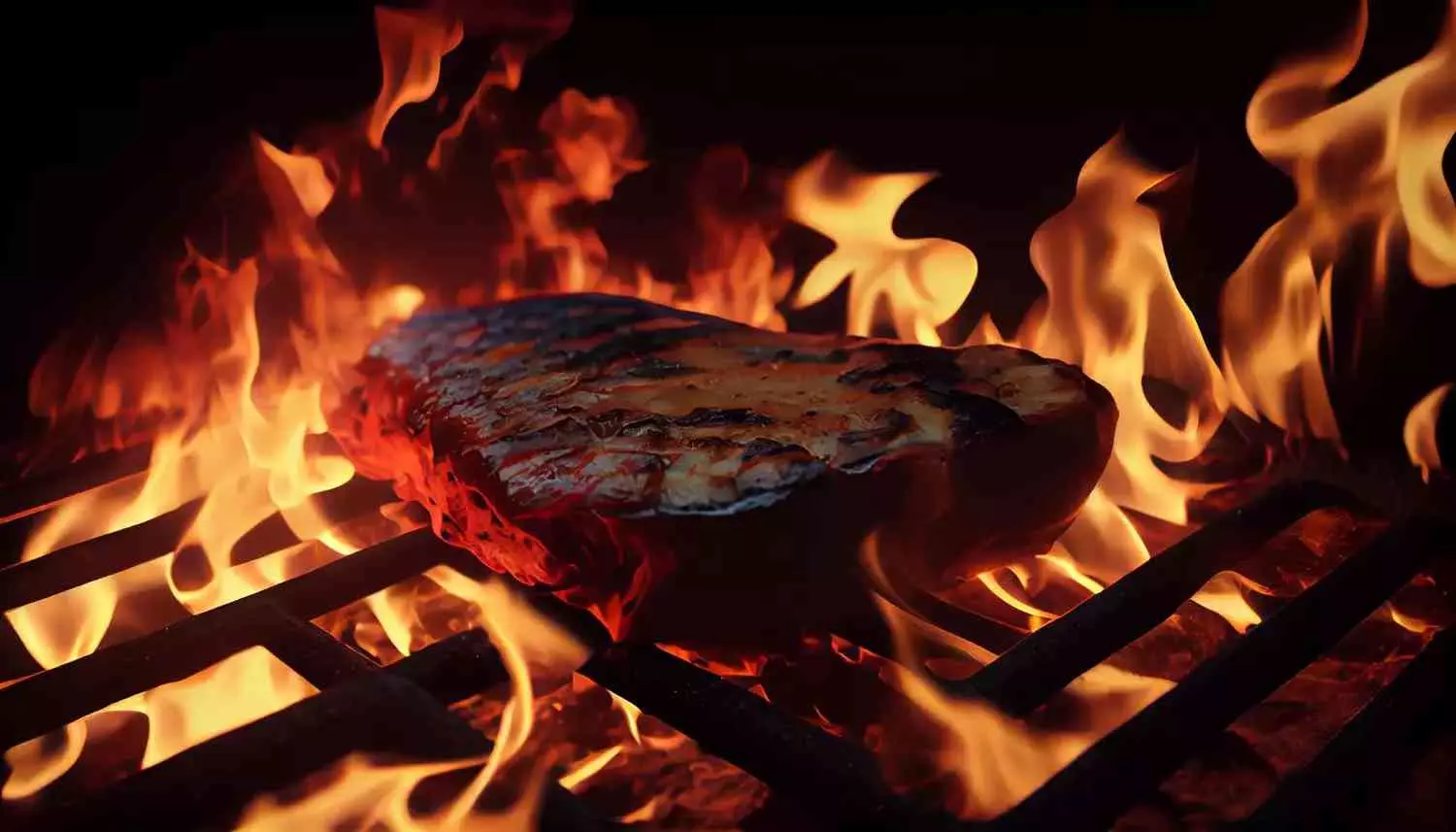 Imagem de uma carne na brasa com fogo em sua volta.